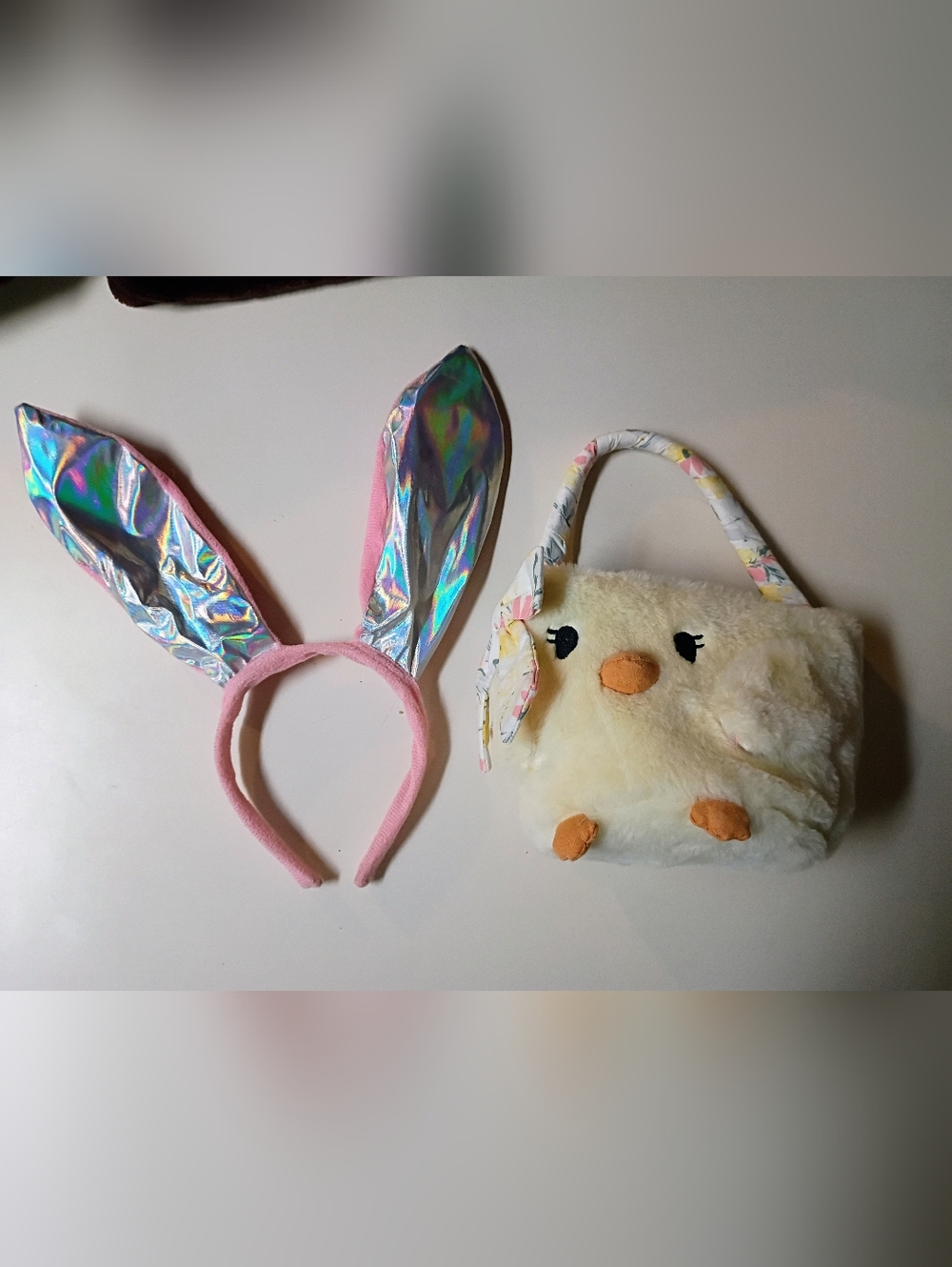Easter Plush Chick Basket with Pink Iridescent Bunny Ears Headband
